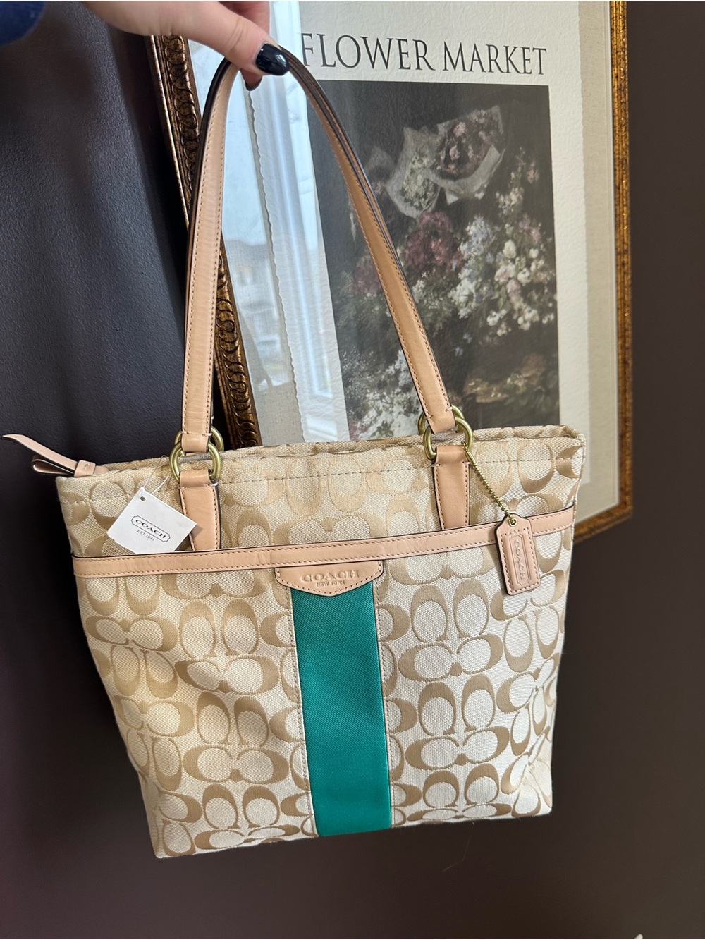 Coach Signature Jacquard Tote Bag – Beige & Teal NWT
